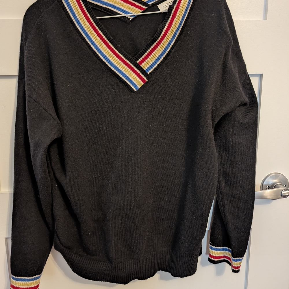 Molly Bracken Black V-Neck Sweater with Multicolor Trim